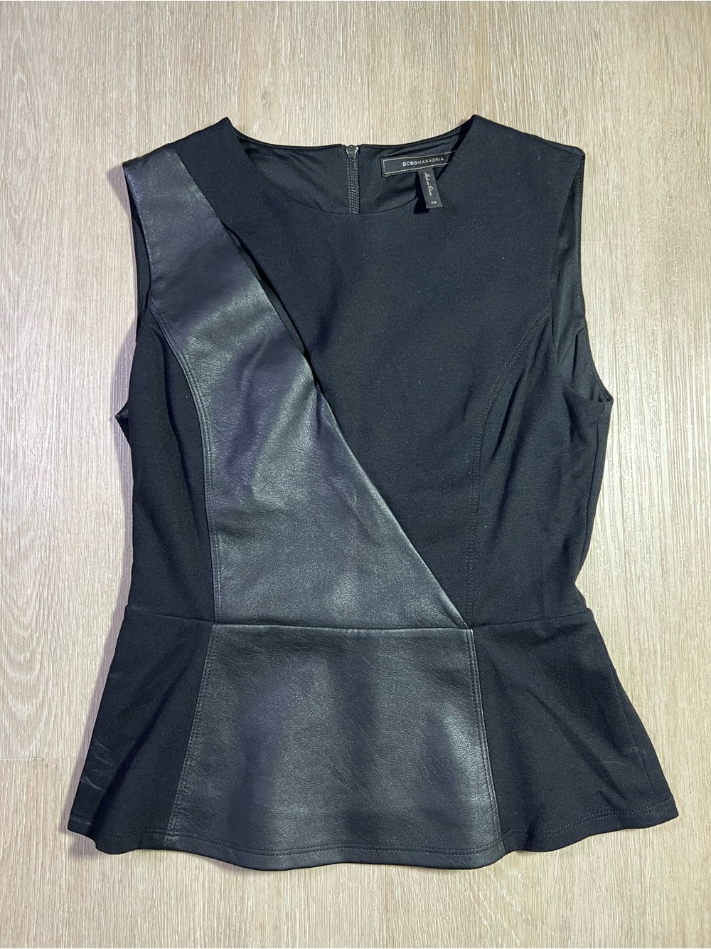 BCBG Max Azria Black Faux Leather Panel Cutout Slit Peplum Top Classic Chic
